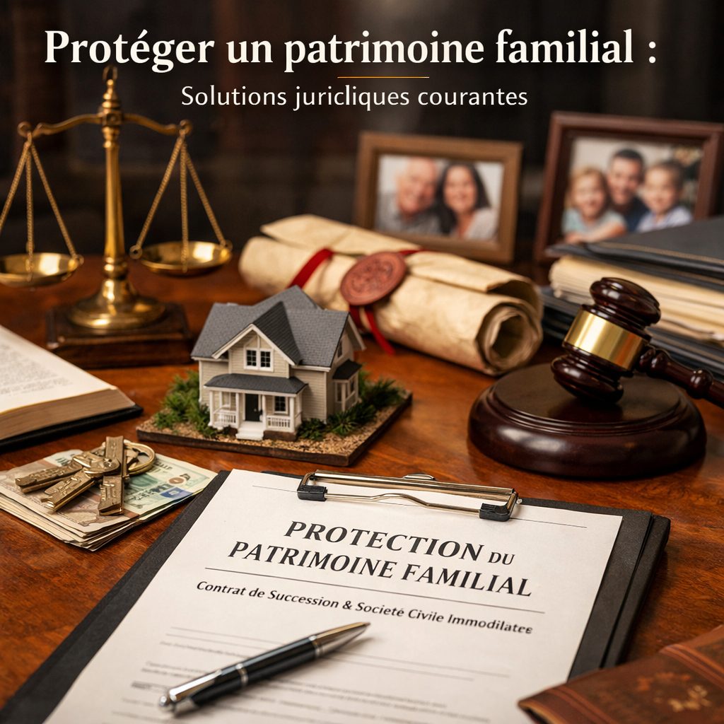 Protéger un patrimoine familial avec des solutions juridiques courantes, illustration réaliste avec maison, documents, clés et symboles de justice