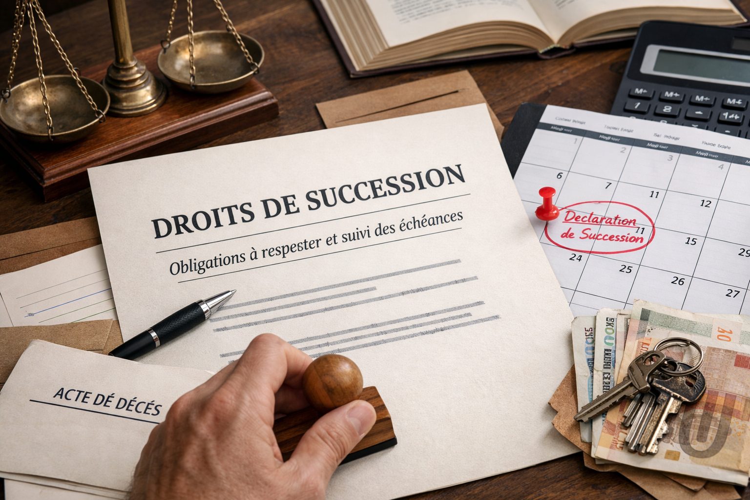 Droits de succession avec document administratif, calendrier d’échéances, calculatrice, clés et billets en euros