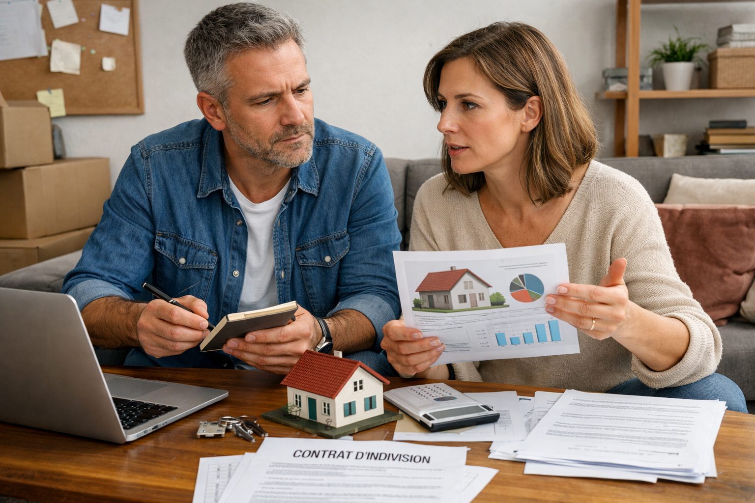 Illustration ultra réaliste de copropriétaires en indivision immobilière discutant de la gestion quotidienne d’un bien