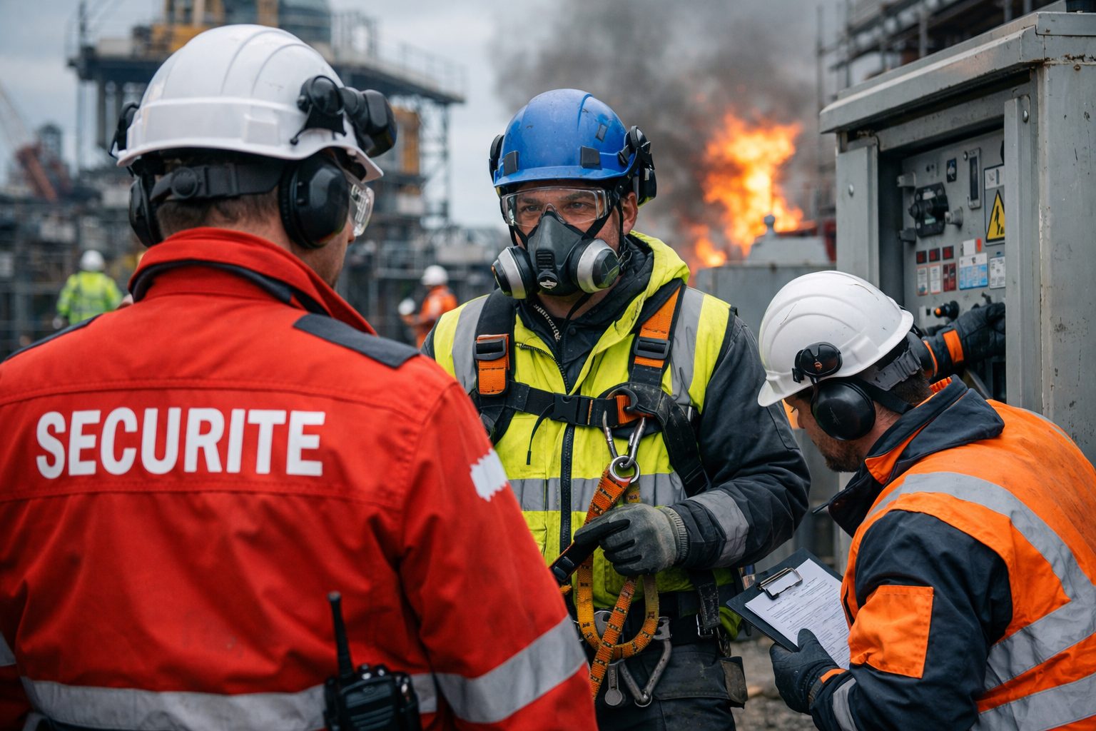 Intervenants équipés sur un site industriel avec équipements de protection, contrôle sécurité et intervention sur armoire électrique