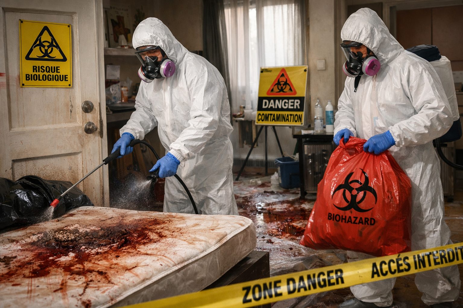 Techniciens en combinaison de protection réalisant une décontamination post-mortem avec mesures de sécurité sur intervention