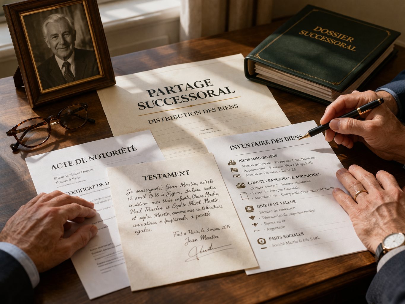 Réunion autour de documents de partage successoral pour préparer une répartition claire entre héritiers