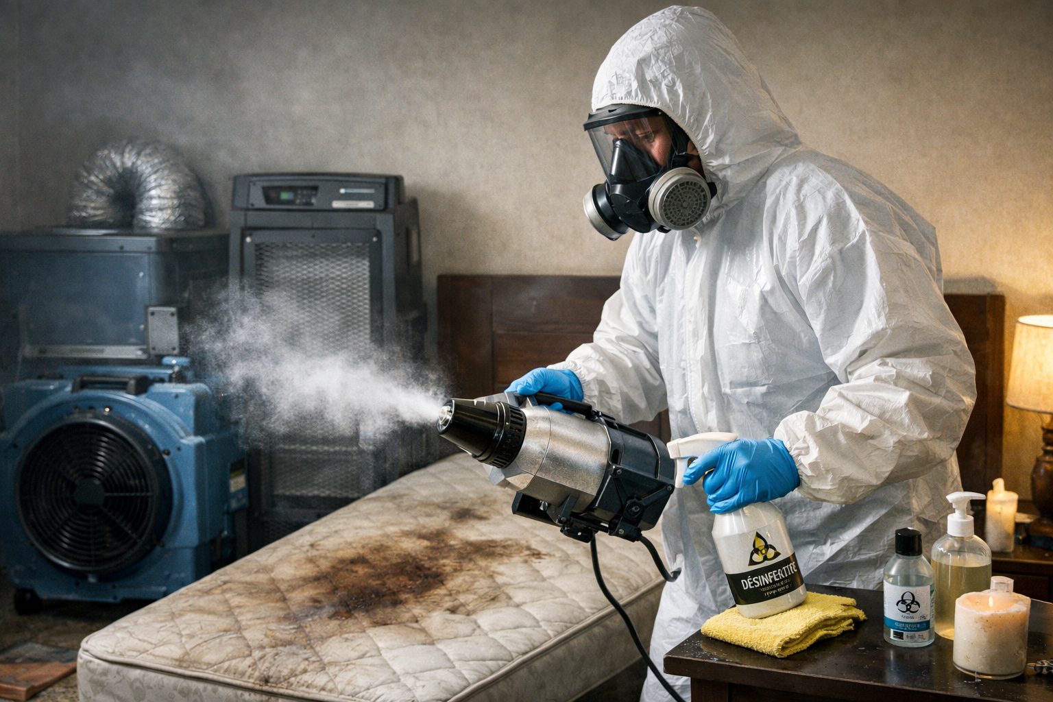 Technicien en tenue de protection réalisant la neutralisation des odeurs après décès avec traitement de l’air et désinfection des surfaces dans une chambre