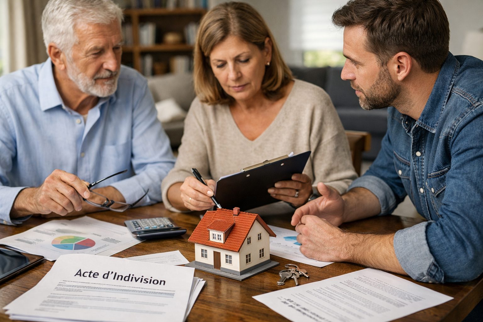 Réunion familiale autour de la gestion d’un bien en indivision avec documents patrimoniaux et maison miniature