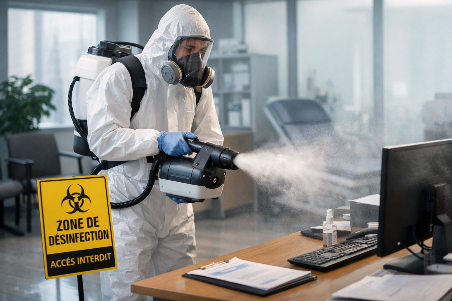 Technicien en combinaison de protection réalisant une désinfection complète professionnelle dans un bureau avec traitement des surfaces de travail