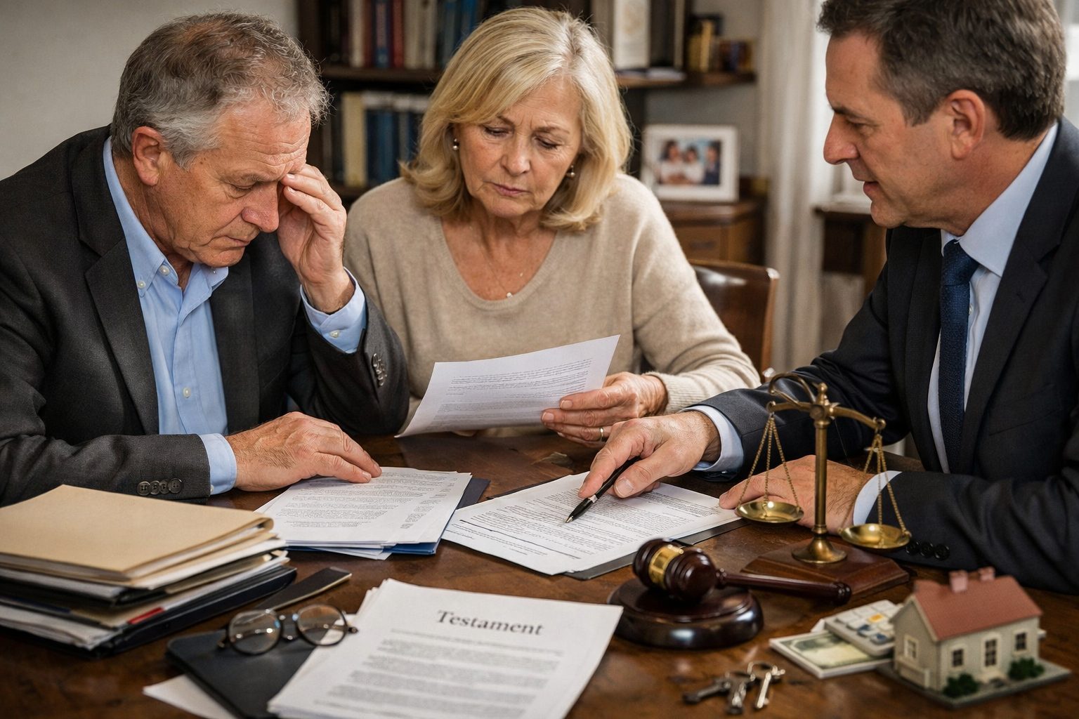 Succession complexe avec documents juridiques, héritiers en réflexion et arbitrages patrimoniaux majeurs