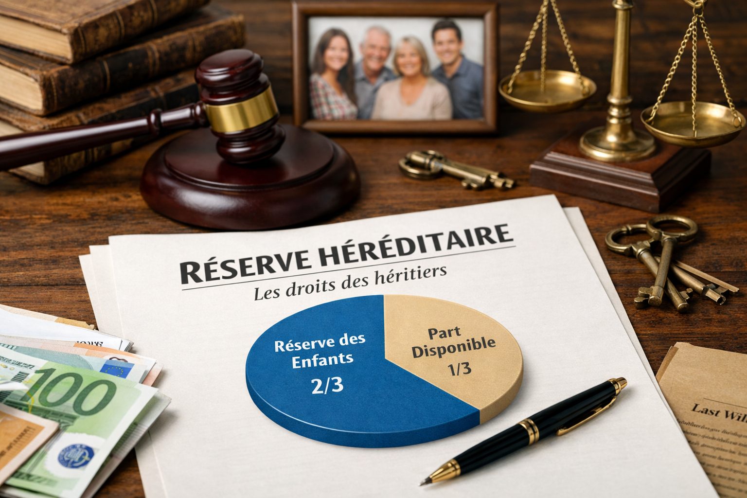 Illustration réaliste de la réserve héréditaire avec document juridique, marteau de juge, balance et répartition de la part des héritiers