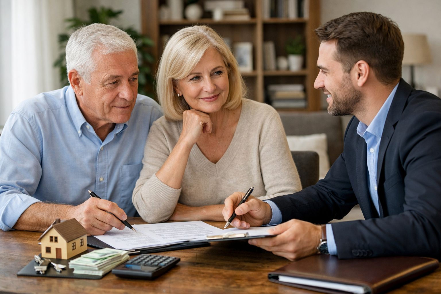 Couple senior avec conseiller patrimonial préparant la transmission patrimoniale et la succession autour de documents financiers