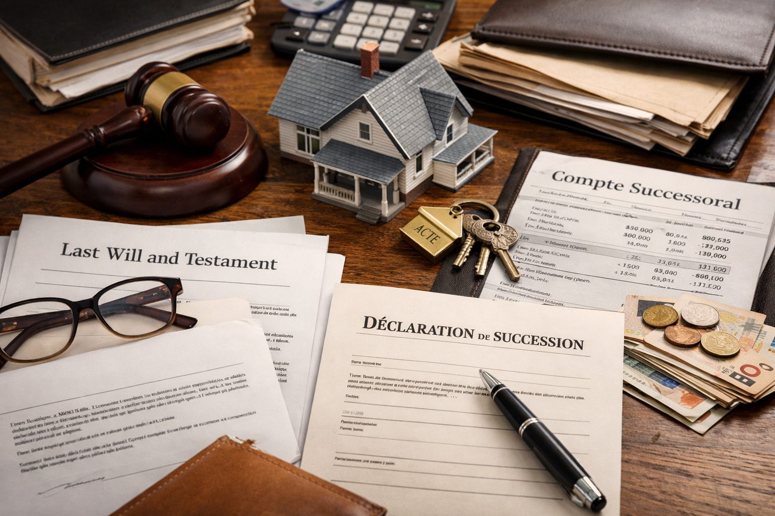 Documents de liquidation successorale avec testament, déclaration de succession, maison miniature et dossier notarial