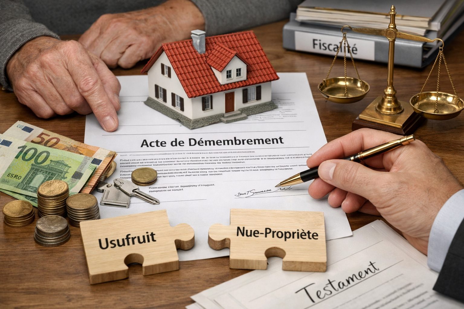 Illustration réaliste du démembrement de propriété avec maison, document juridique, usufruit, nue-propriété et éléments liés à la succession et à la fiscalité