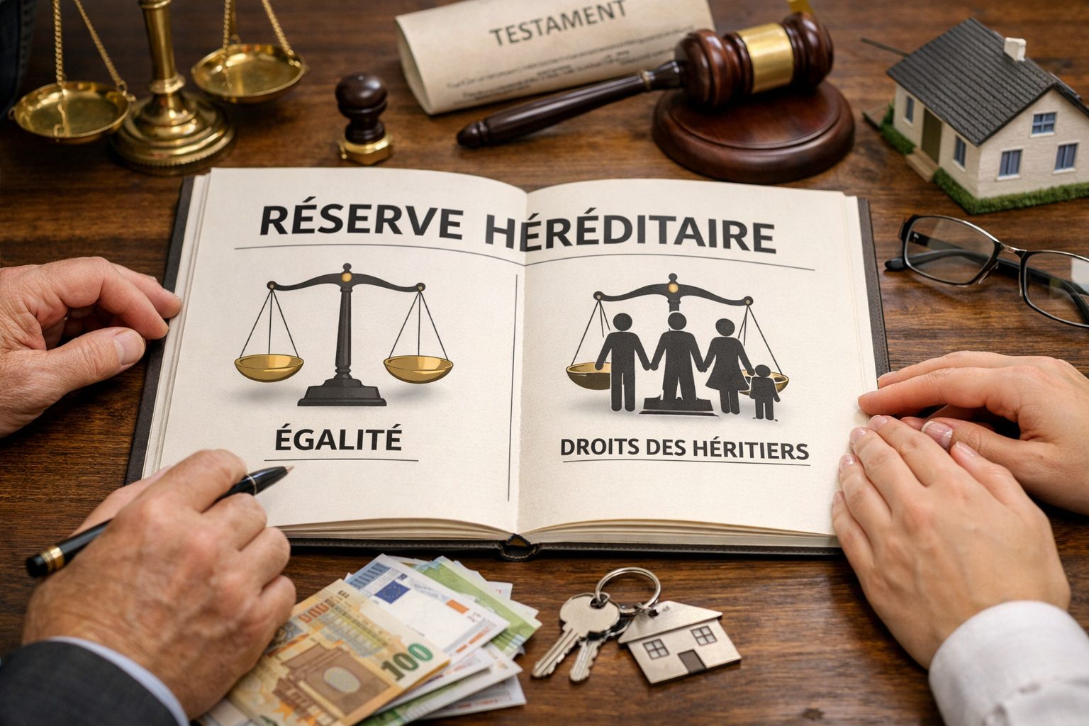 Réserve héréditaire en droit français avec balance de justice, testament, clés de maison et héritiers réservataires