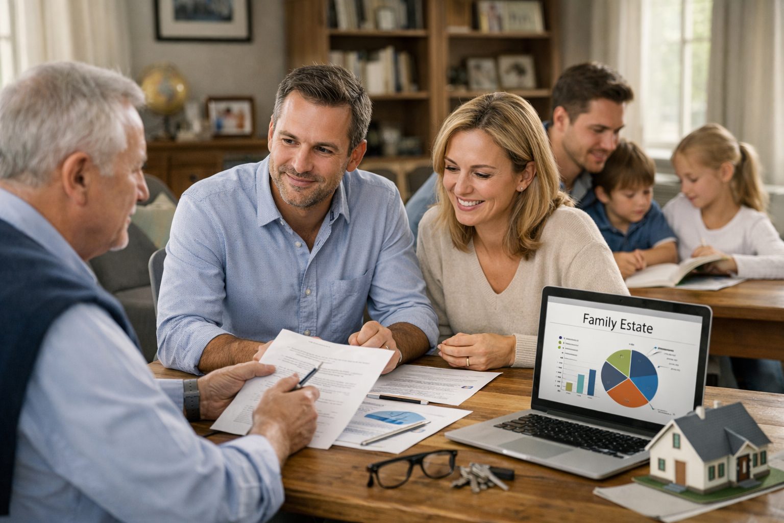 Famille réunie autour d’une table pour organiser la gestion du patrimoine familial et préserver la valeur des biens