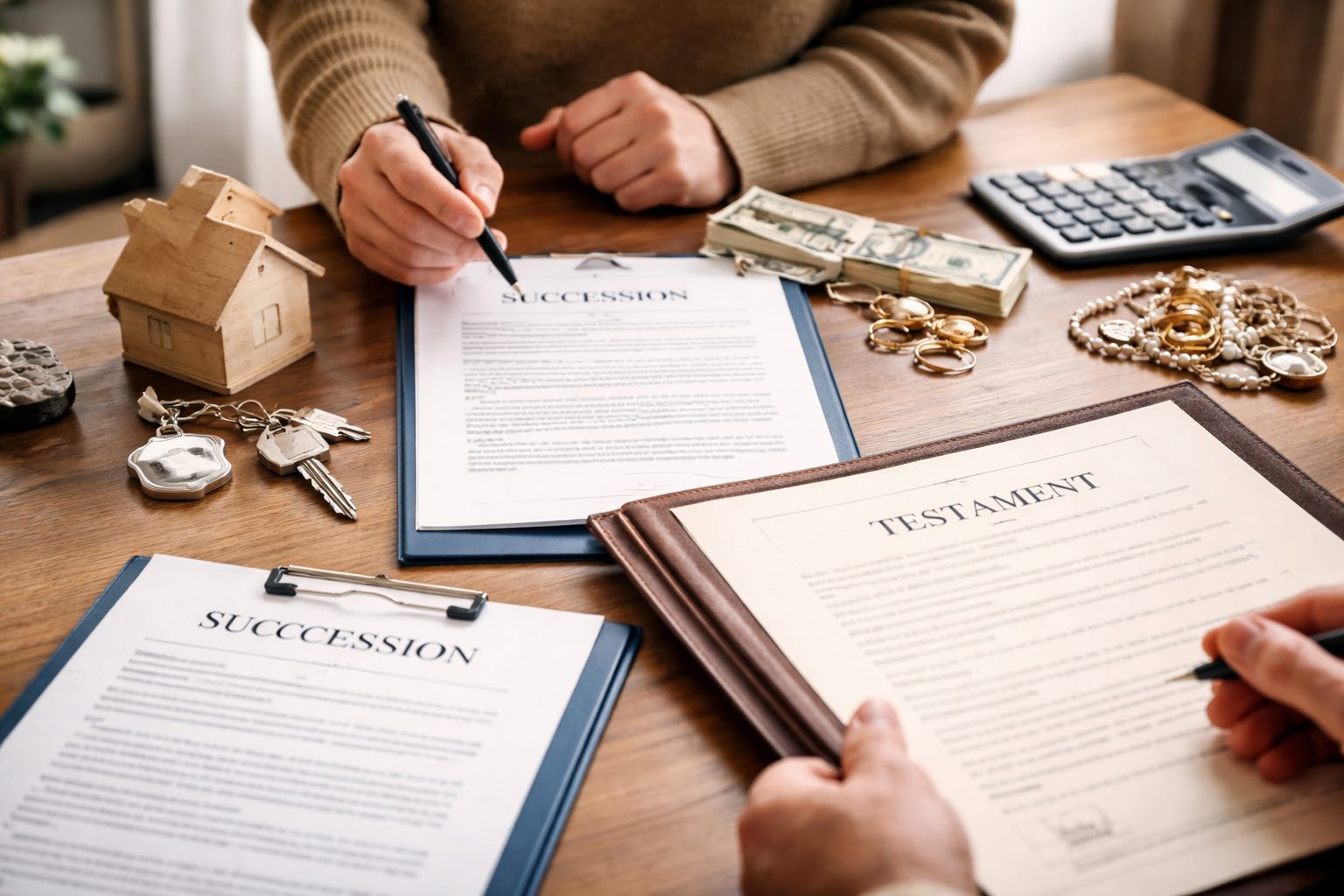 Documents de succession, bijoux, argent et clés posés sur une table pour illustrer l’actif successoral et le patrimoine à partager