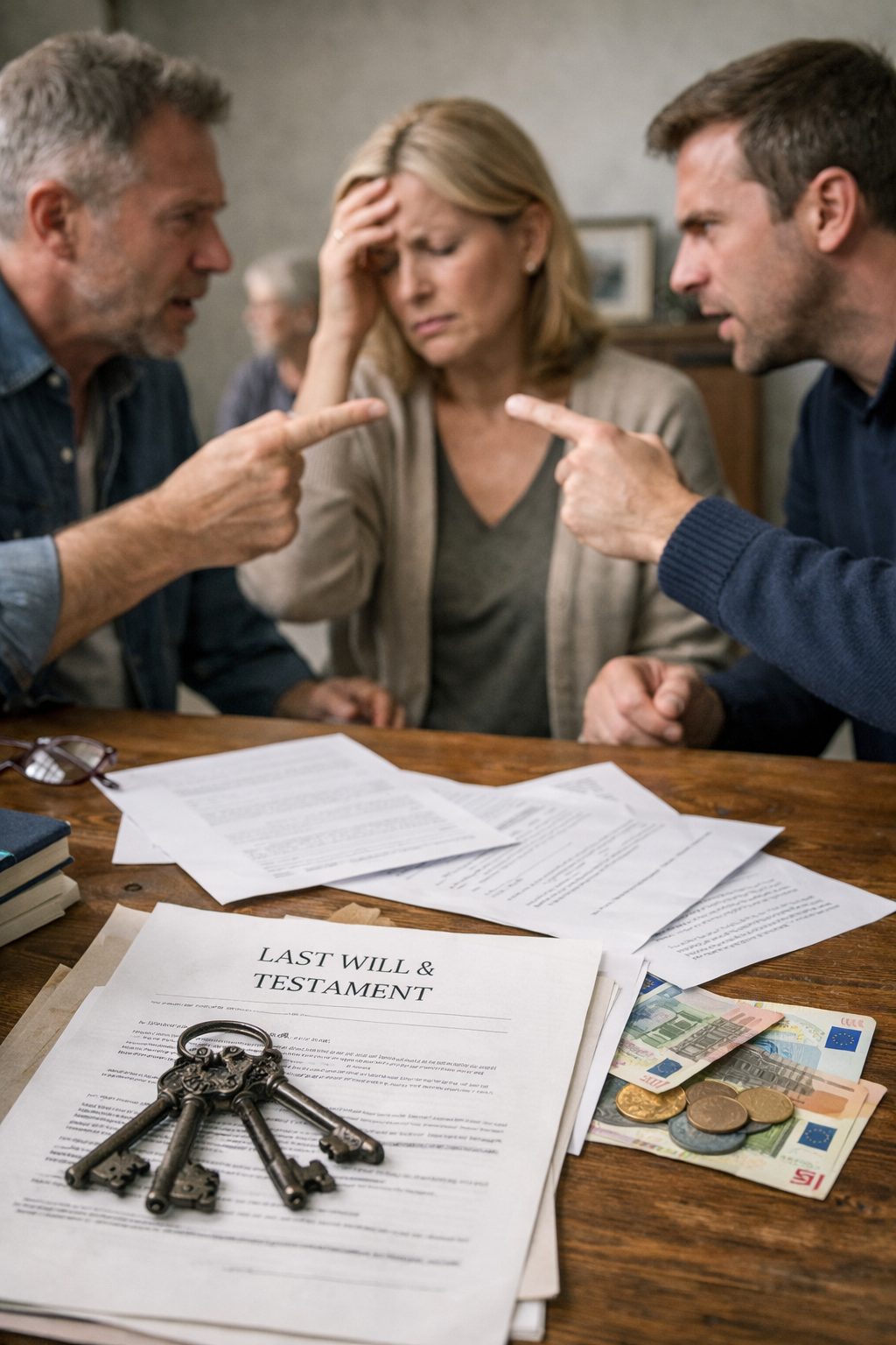 Conflit entre héritiers autour d’un testament avec tensions familiales et documents de succession