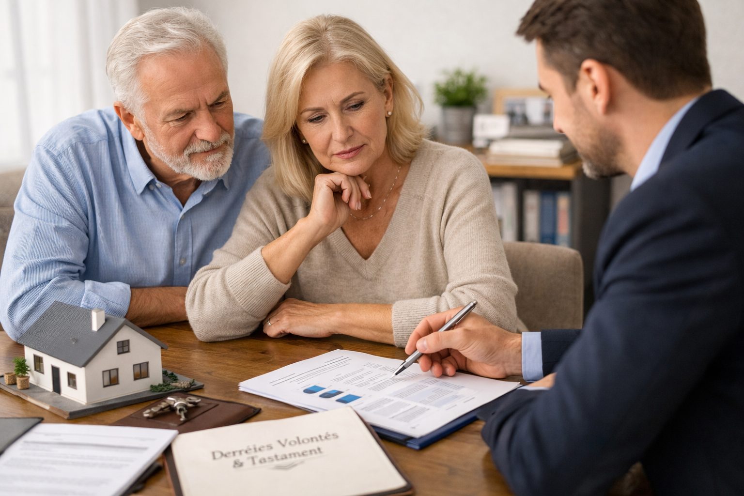 Couple senior en rendez-vous avec un conseiller patrimonial pour préparer une succession anticipée