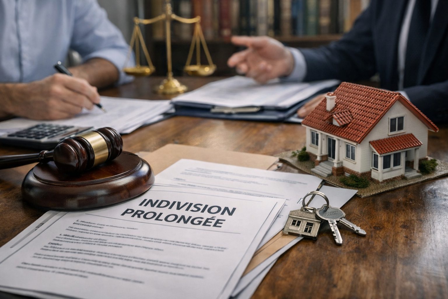 Documents juridiques, maison miniature et clés illustrant les risques juridiques d’une indivision prolongée et la gestion des biens