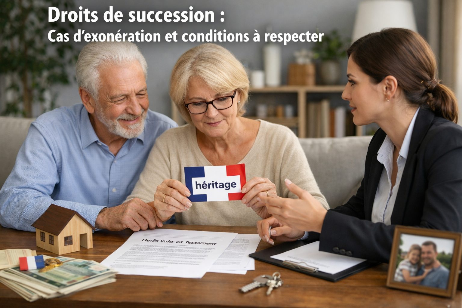 Couple senior avec conseillère examinant des documents sur les droits de succession et les cas d’exonération