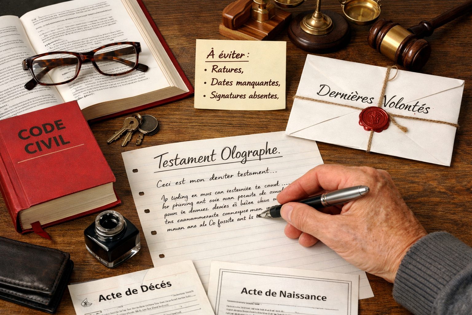 Testament olographe manuscrit avec stylo, Code civil et documents juridiques sur un bureau en bois