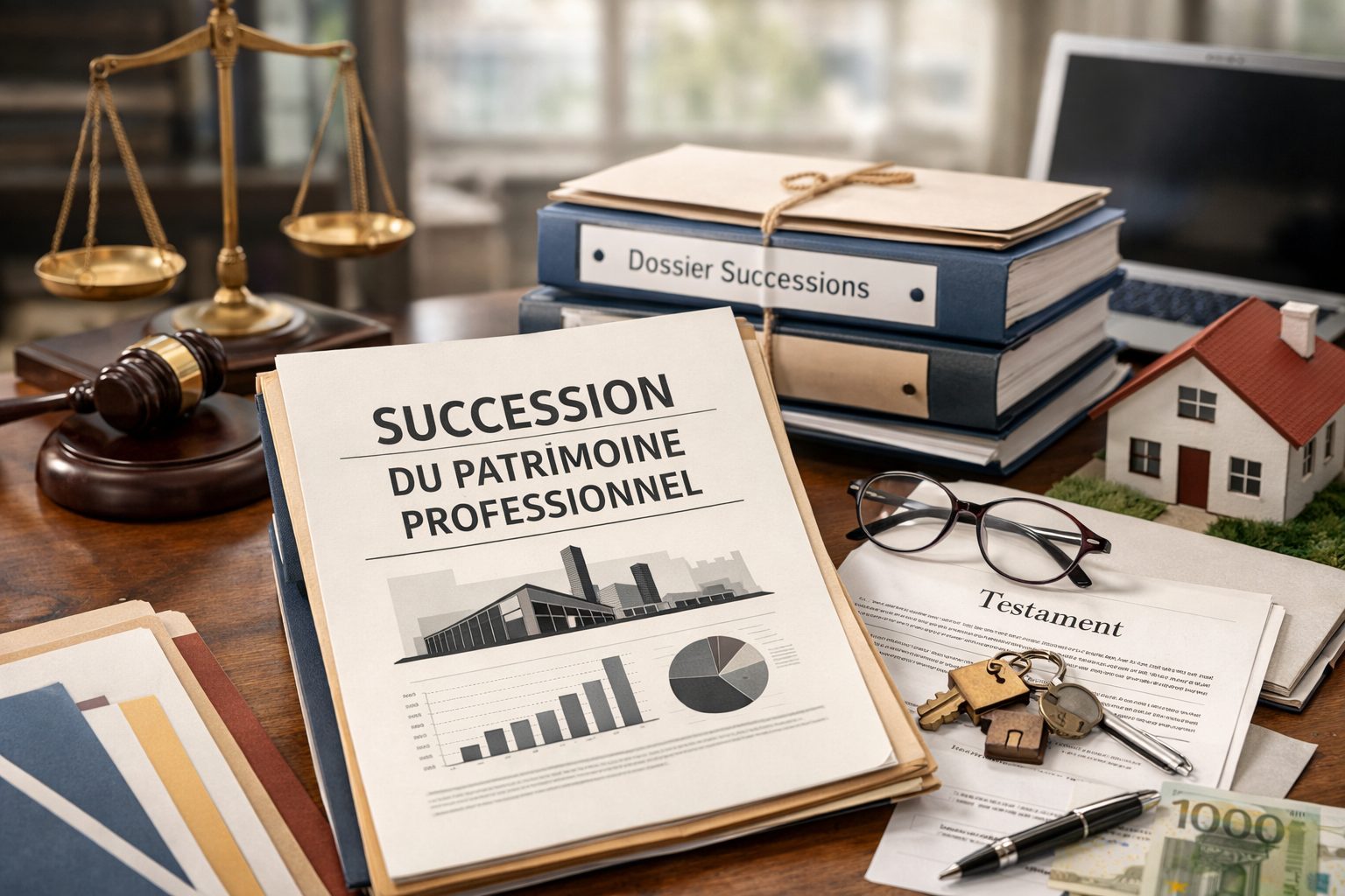 Patrimoine professionnel en cas de succession avec dossier juridique, testament, maison, clés et documents de transmission d’entreprise