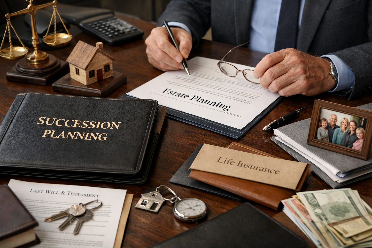 Planification successorale avec documents, assurance-vie, maison miniature et photo de famille sur un bureau
