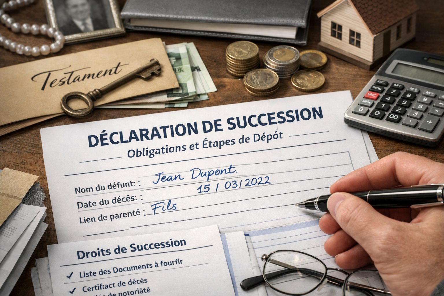 Déclaration de succession avec documents administratifs, calculatrice, pièces et maison miniature