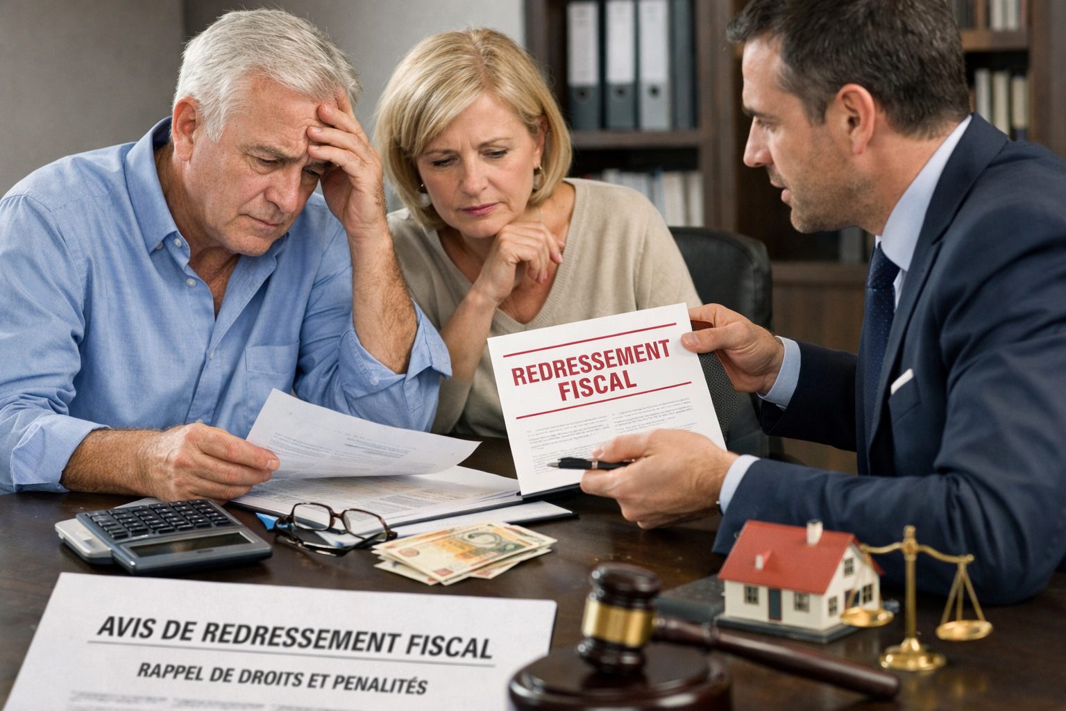 Couple inquiet en rendez-vous avec un conseiller au sujet des conséquences fiscales possibles d’une donation mal anticipée
