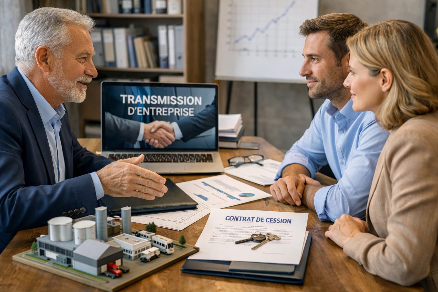 Transmission d’entreprise entre un dirigeant cédant et des repreneurs lors d’une réunion patrimoniale en bureau