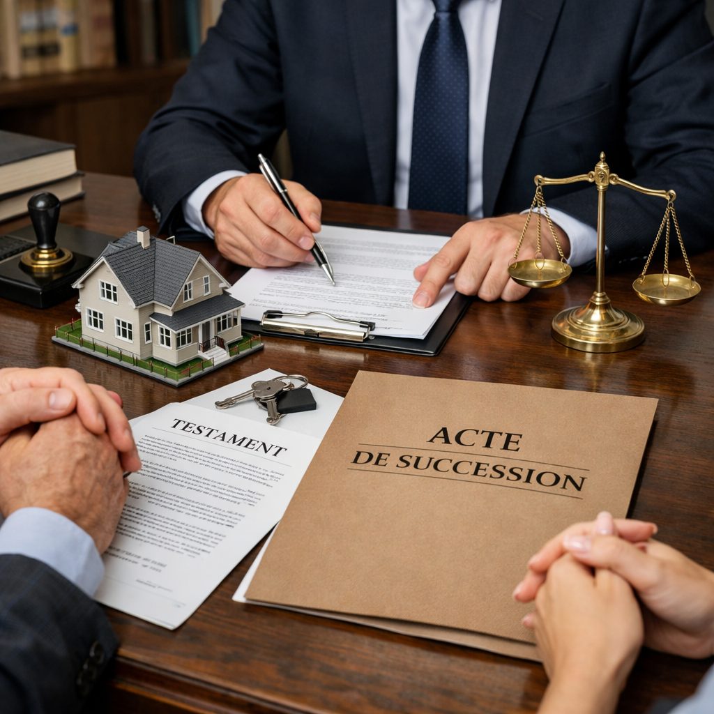 Notaire expliquant les obligations et actes incontournables d’un héritage immobilier à des héritiers