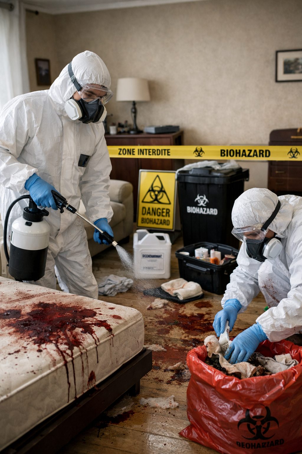 Équipe professionnelle de nettoyage après décès à domicile intervenant dans un logement avec protocole sanitaire, équipements de protection et sécurisation de la zone