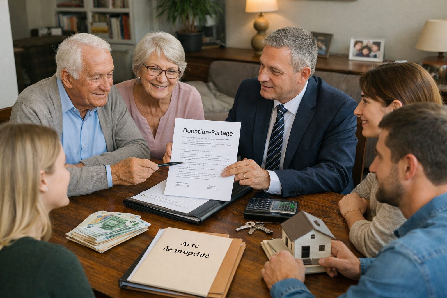 Famille réunie avec un notaire autour d’une donation-partage pour organiser la transmission patrimoniale