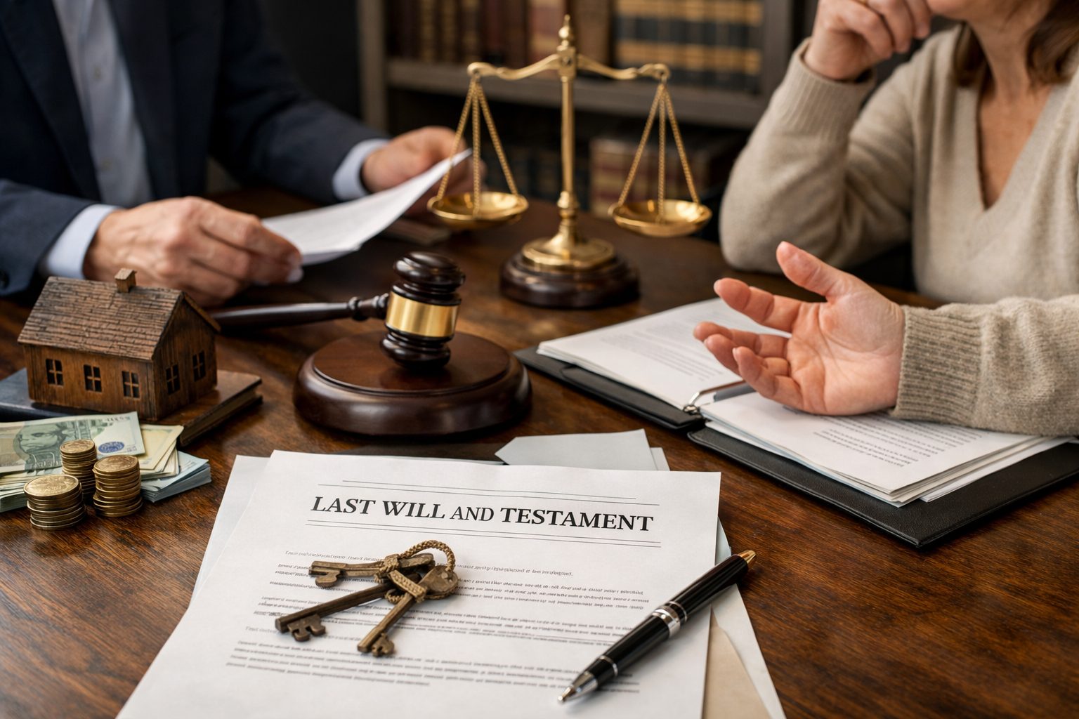 Consultation juridique sur une succession avec testament, notaire, maison miniature et documents successoraux