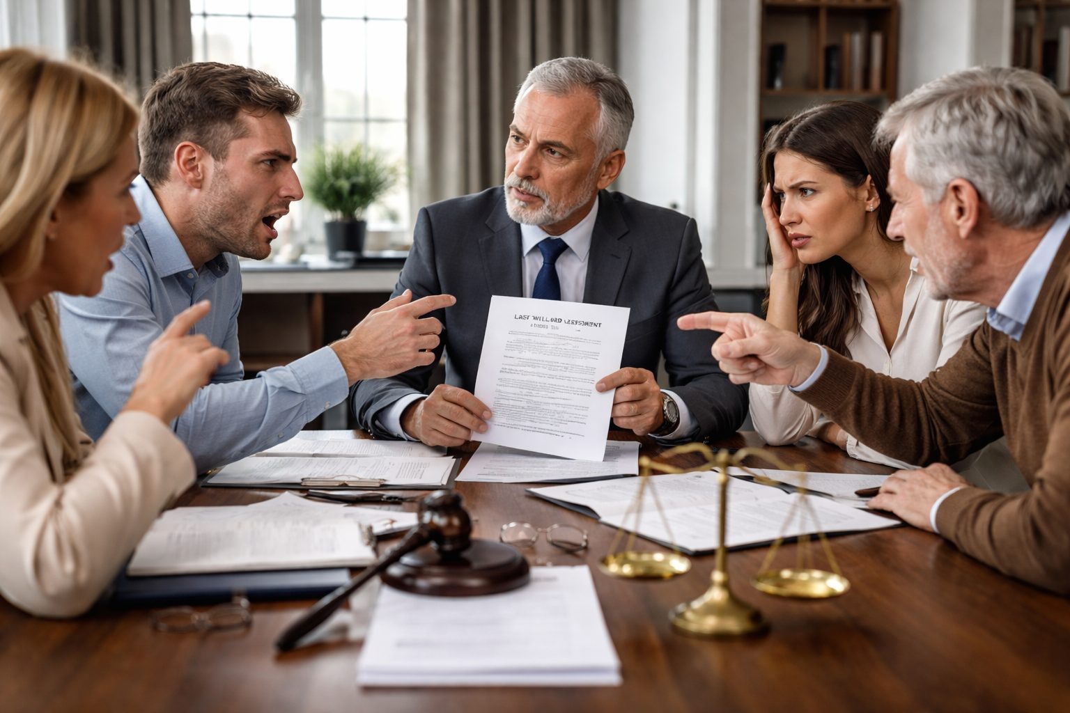 Conflit successoral entre héritiers lors d’une réunion chez le notaire pour régler un désaccord sur une succession