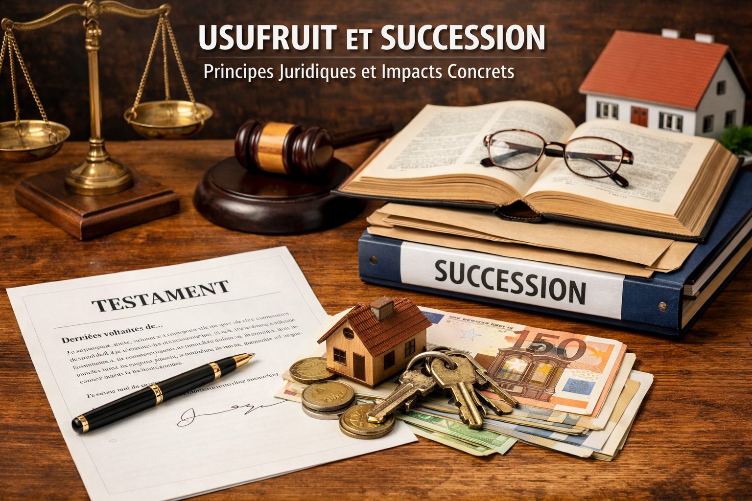Usufruit et succession : document testamentaire, maison, clés et symboles juridiques illustrant les principes juridiques et les impacts concrets d’une succession