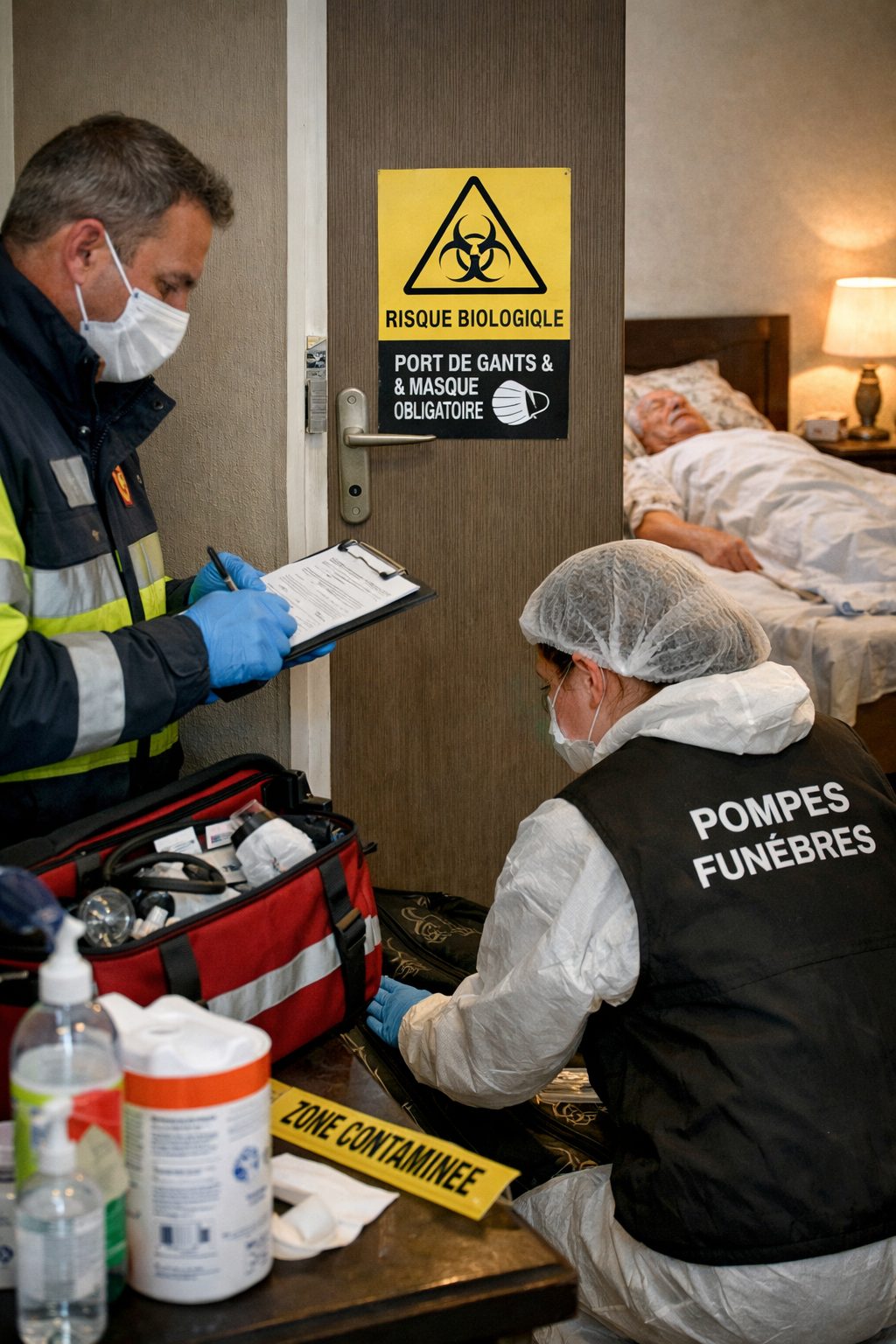 Intervention à domicile après un décès avec précautions sanitaires, port d’équipements de protection et sécurisation de la pièce.