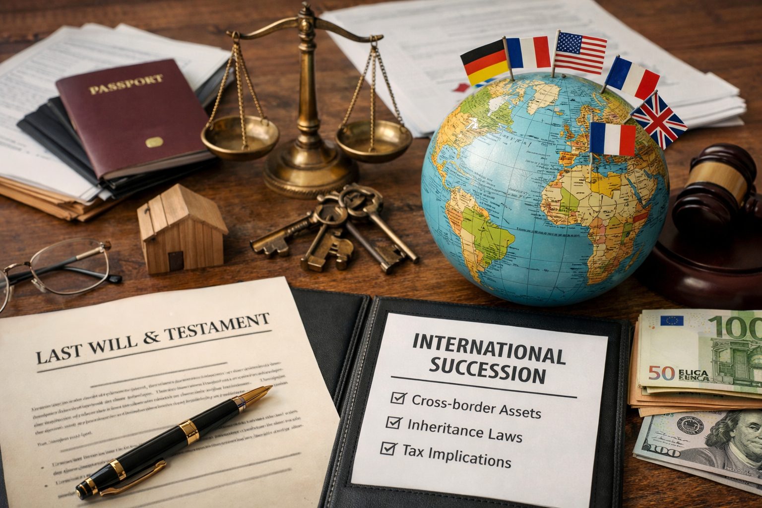 Documents de succession internationale avec testament, globe, passeports, balance de justice et argent sur un bureau