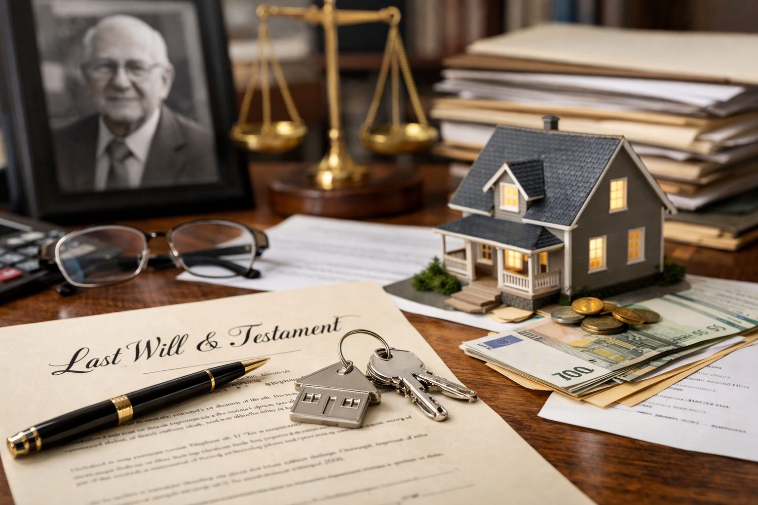 Documents de succession, clés et maison miniature illustrant la gestion d’un patrimoine locatif après un décès