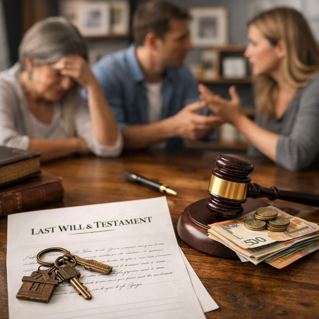 Absence de testament avec document juridique, argent, clés et famille en désaccord sur une succession