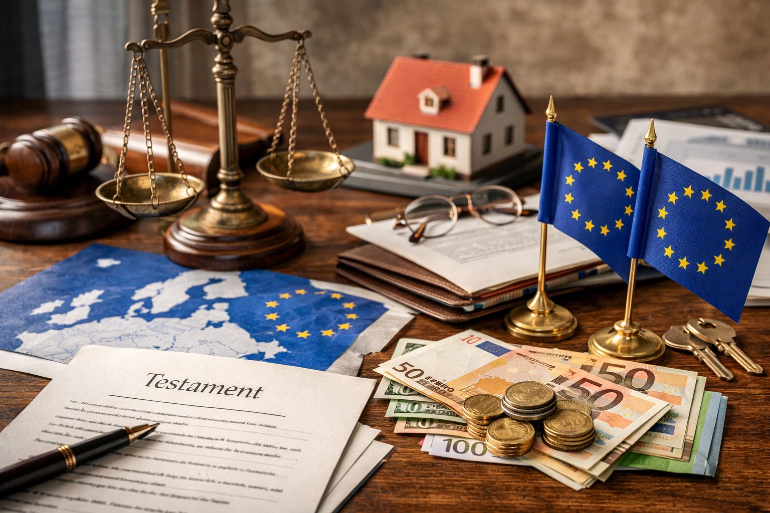 Documents de succession, drapeaux de l’Union européenne, maison miniature et billets en euros illustrant la fiscalité successorale en Europe