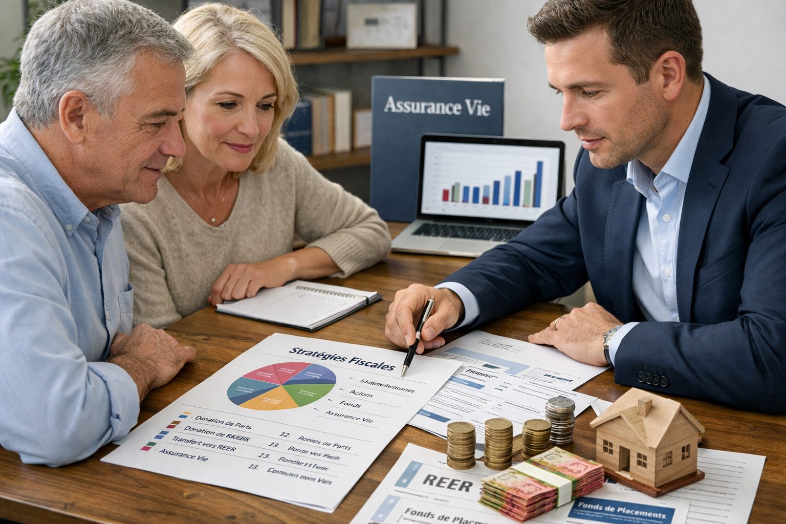 Illustration réaliste de la transmission financière avec documents patrimoniaux, graphiques d’investissement et stratégie fiscale selon différents placements