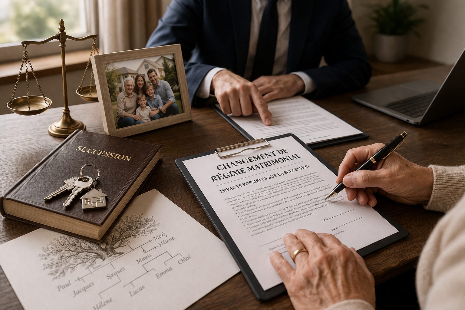 Signature d’un changement de régime matrimonial chez le notaire avec impacts possibles sur la succession familiale