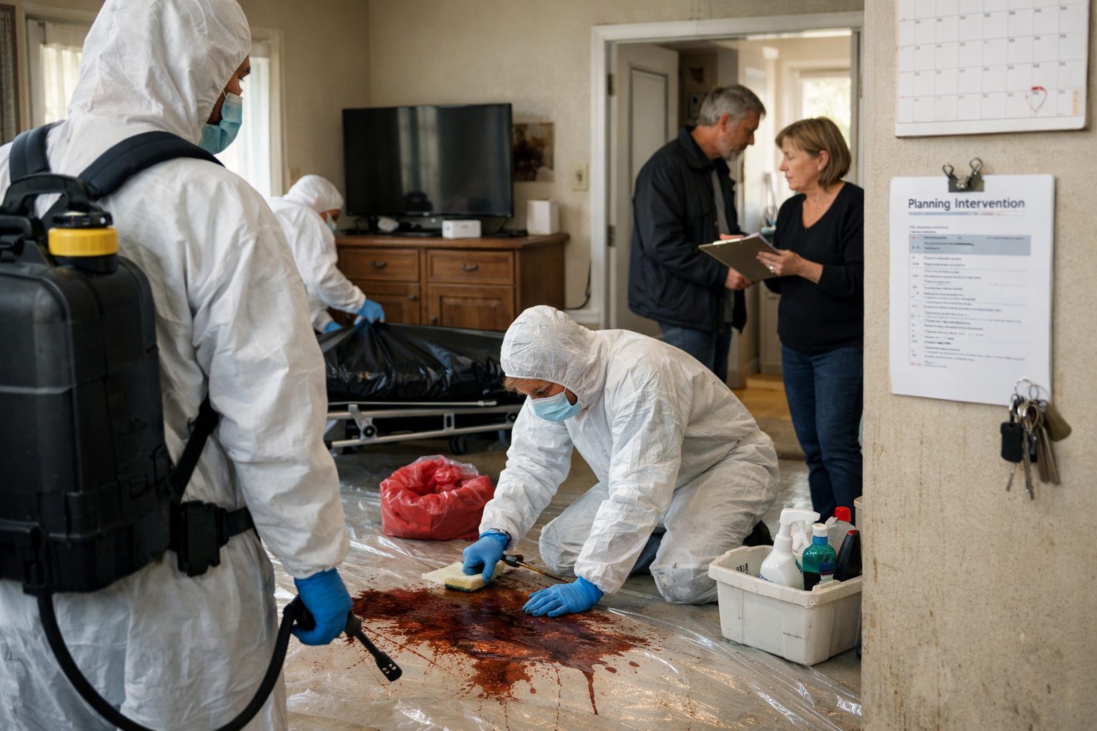 Équipe professionnelle intervenant dans un logement pour organiser un nettoyage après décès avec matériel de protection et coordination sur place