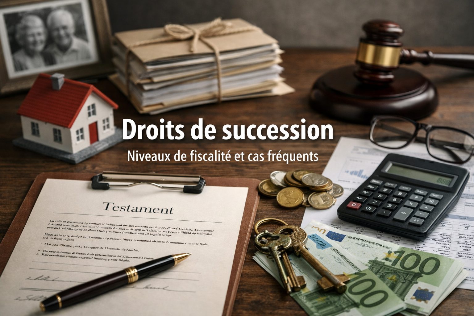 Illustration ultra réaliste sur les droits de succession en France avec documents fiscaux, héritage et calcul des niveaux de fiscalité