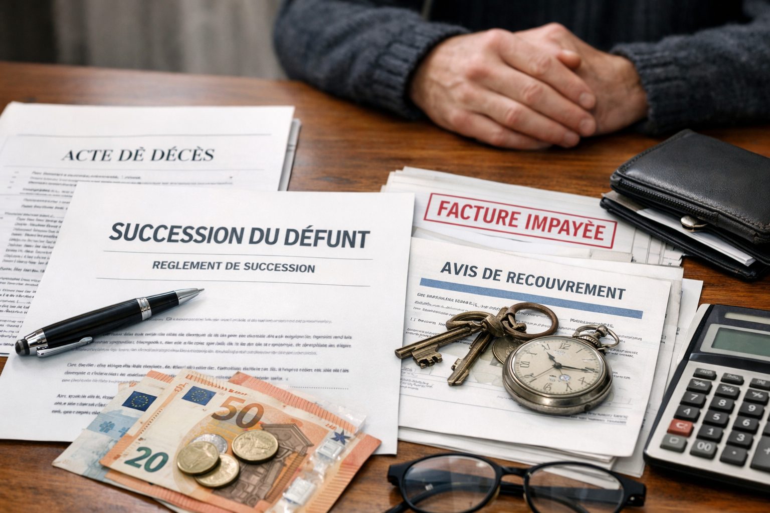 Documents de succession, factures impayées et calculatrice illustrant les dettes du défunt et les précautions juridiques pour les héritiers