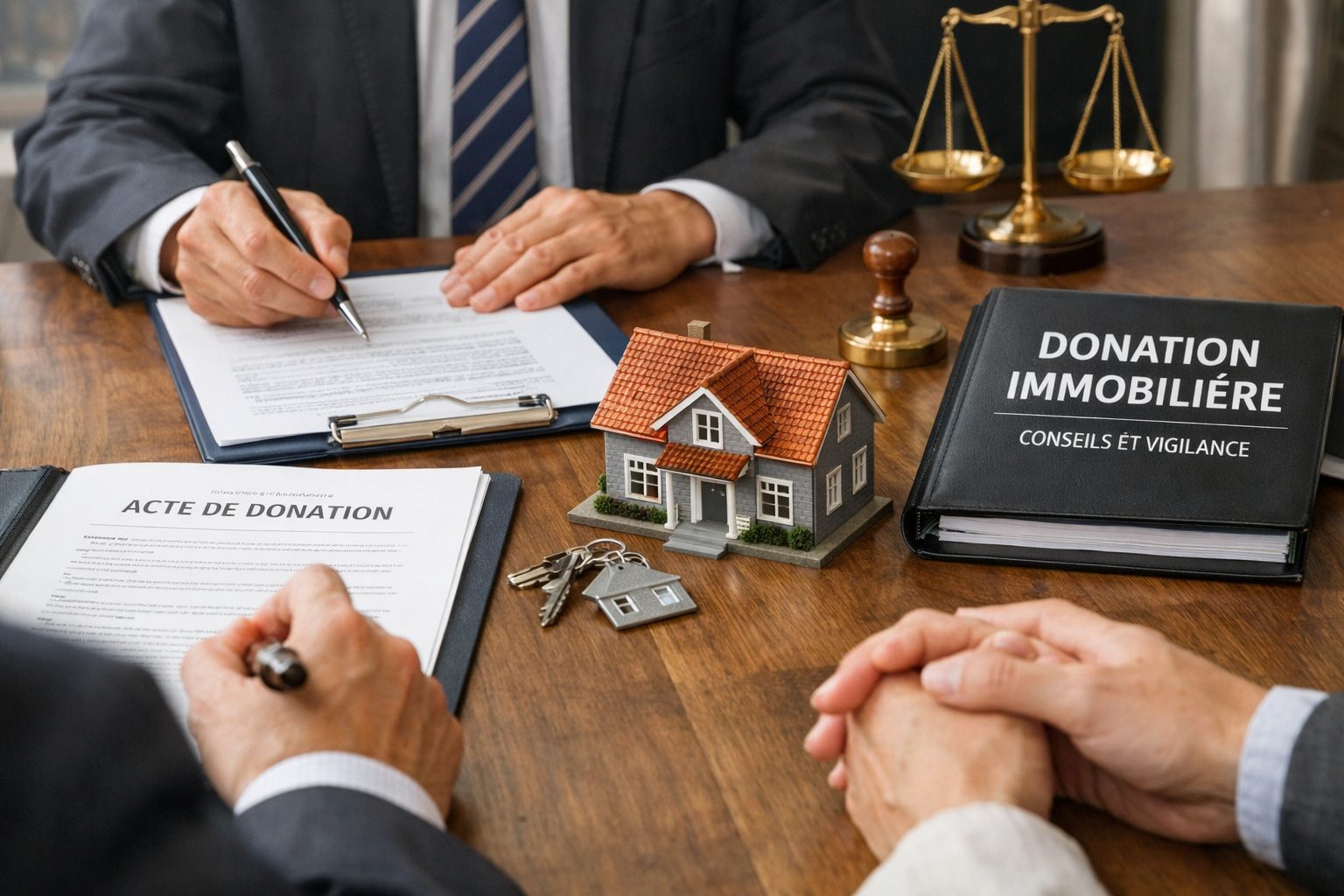 Notaire signant un acte de donation immobilière avec maquette de maison et documents juridiques