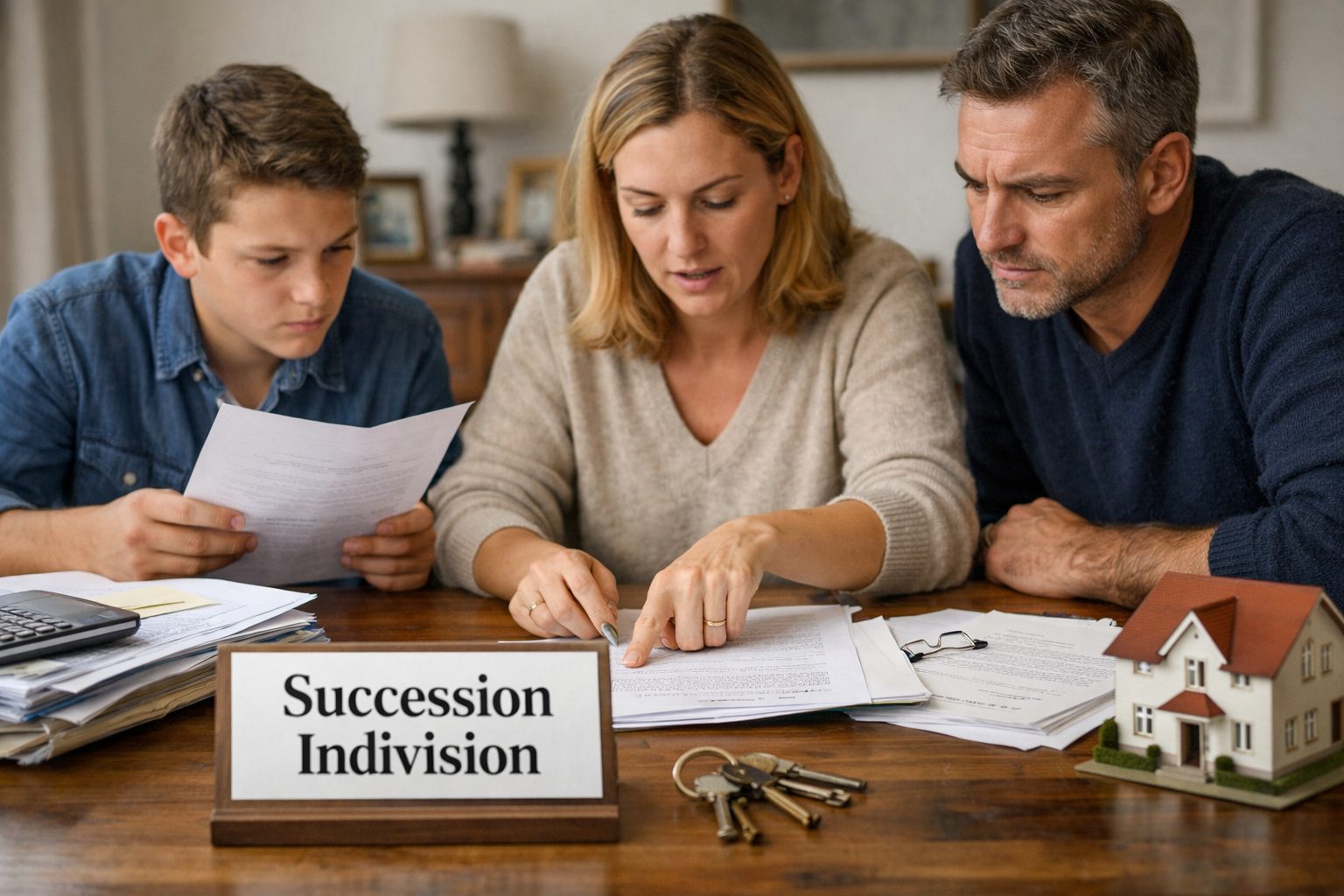 Cohéritiers en indivision réunis autour de documents successoraux pour décider de la gestion d’une maison héritée