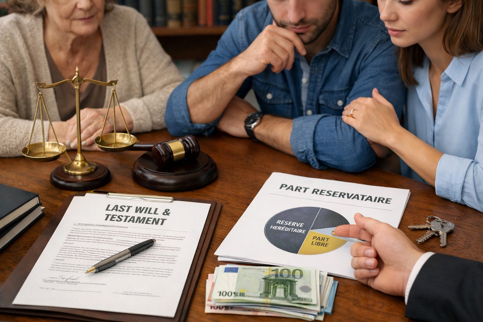 Illustration ultra réaliste sur les héritiers réservataires, la protection successorale et les limites à la liberté de transmettre