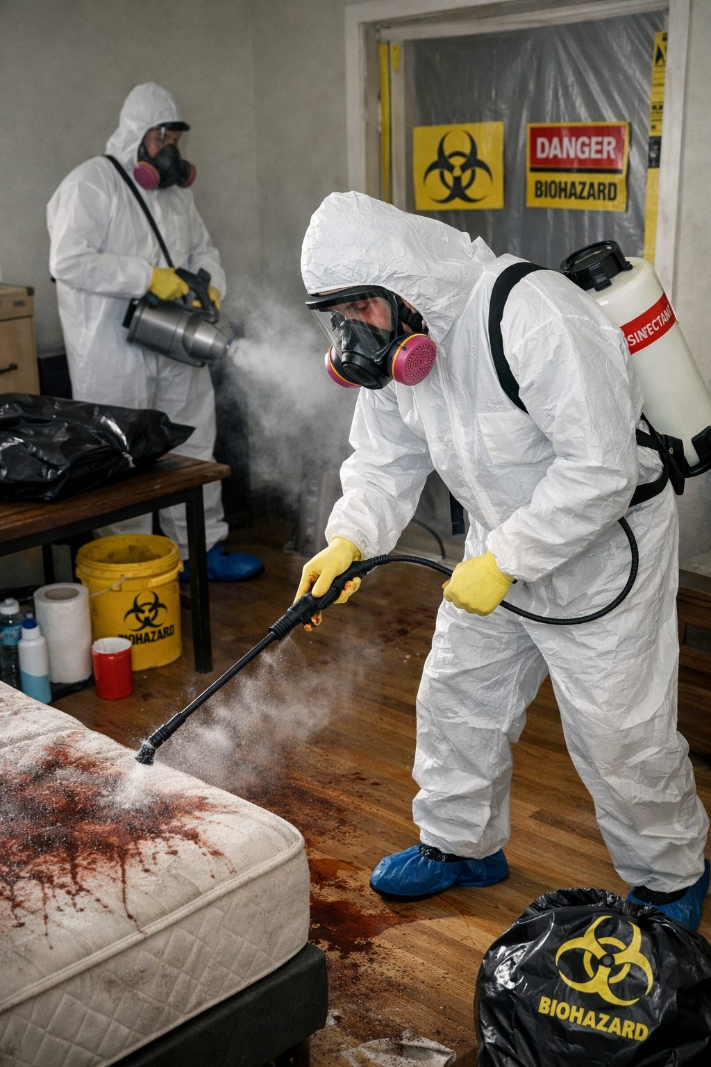 Intervenants en combinaison de protection réalisant une désinfection après décès dans une chambre selon des normes strictes d’hygiène et de sécurité