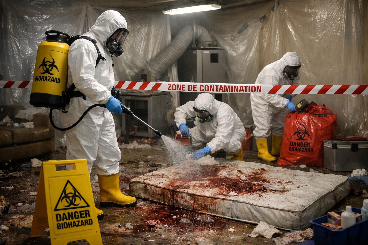 Équipe de décontamination extrême en combinaison de protection intervenant dans un logement fortement contaminé selon un protocole renforcé