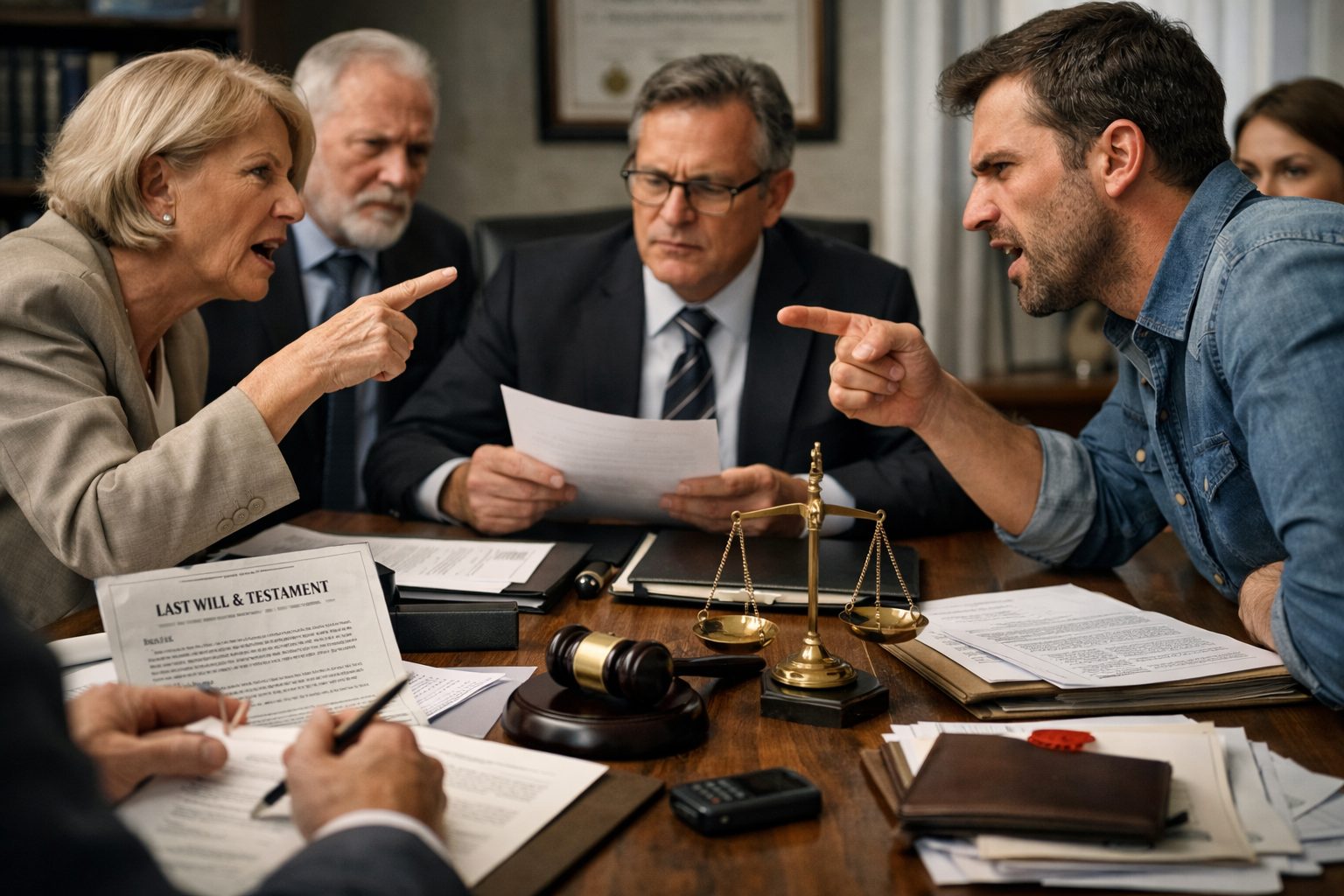 Réunion tendue autour d’une succession conflictuelle avec héritiers, avocat et documents de preuve sur la table
