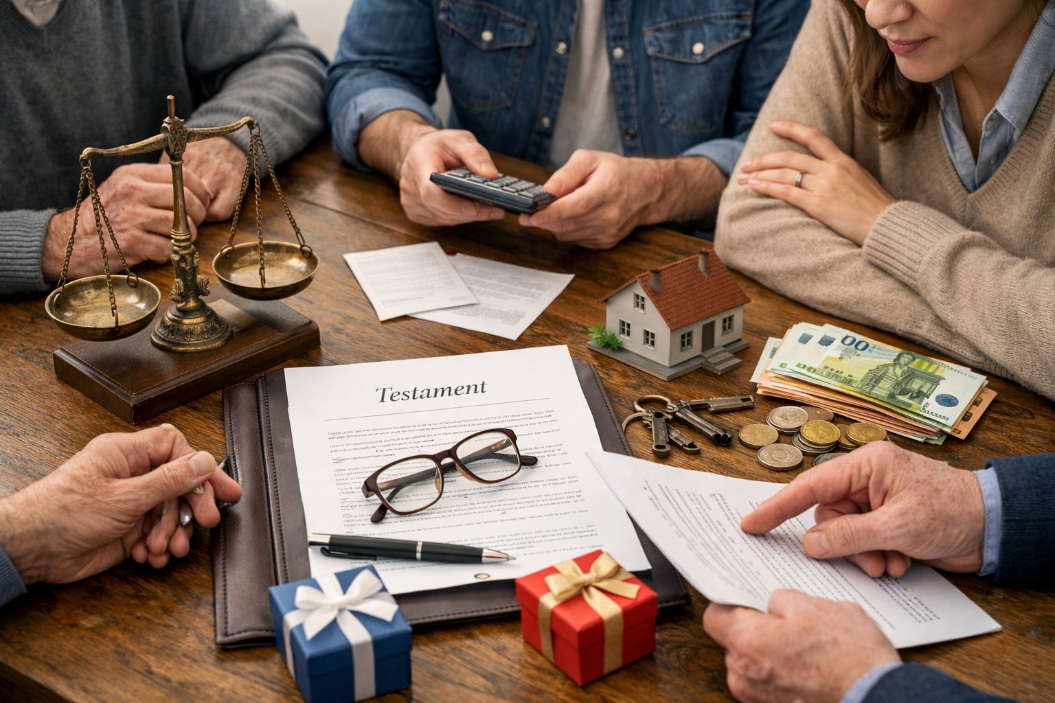 Famille réunie autour de documents de succession illustrant l’égalité entre héritiers, avec testament, maison miniature, argent et balance de justice